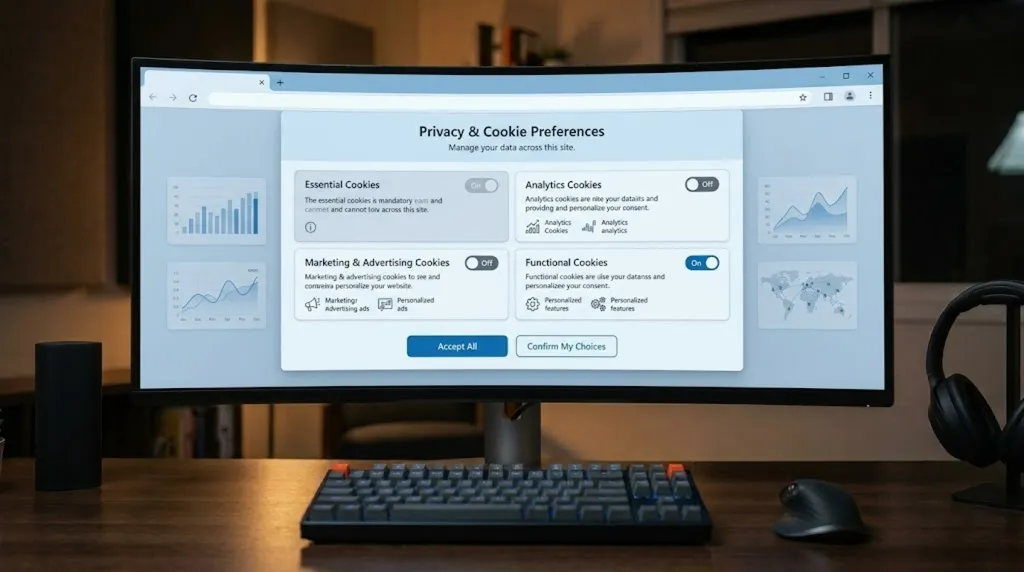 A browser window with a privacy panel listing detected trackers